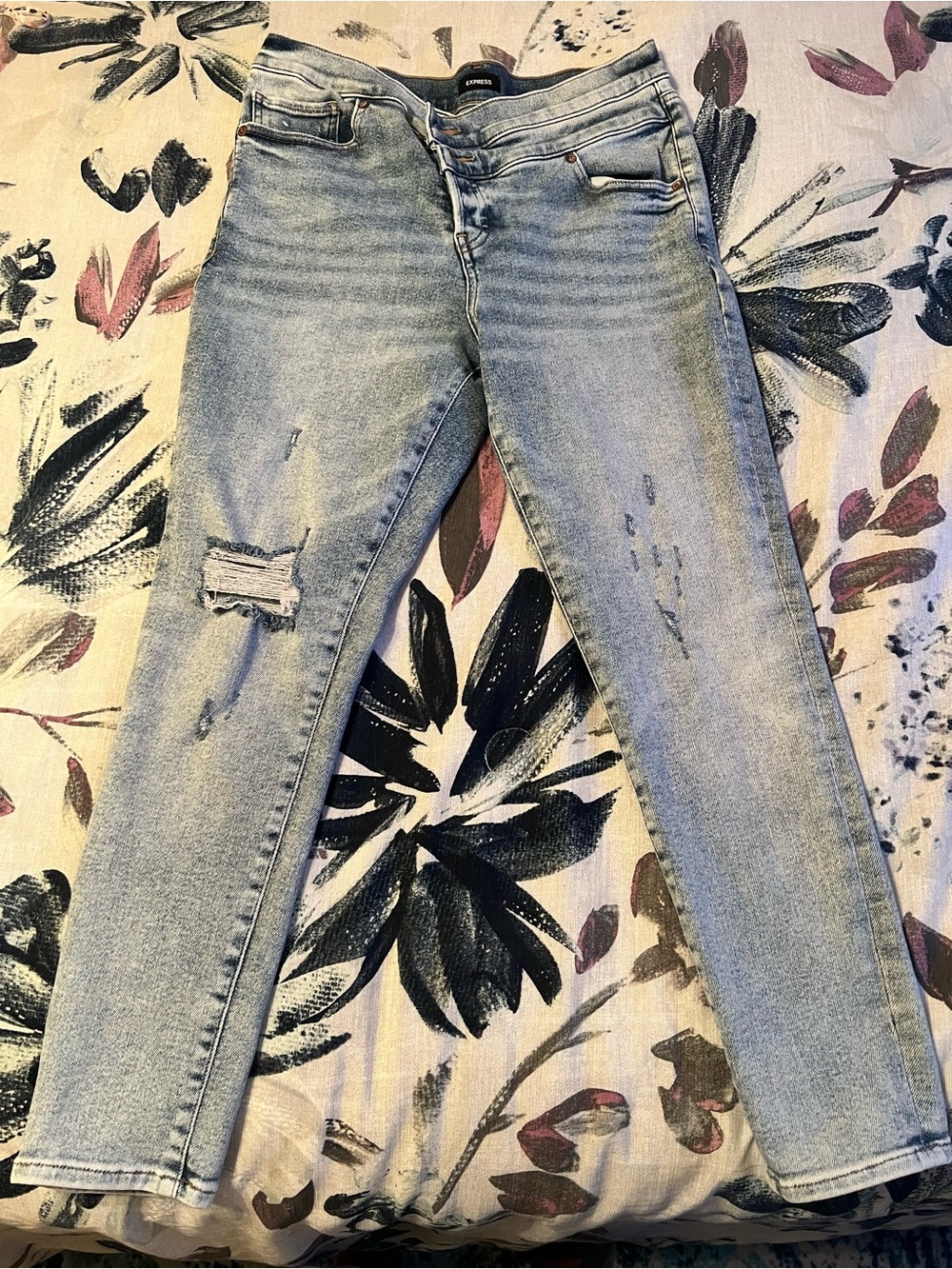 Express Light Blue Distressed Skinny Jeans - ankle
